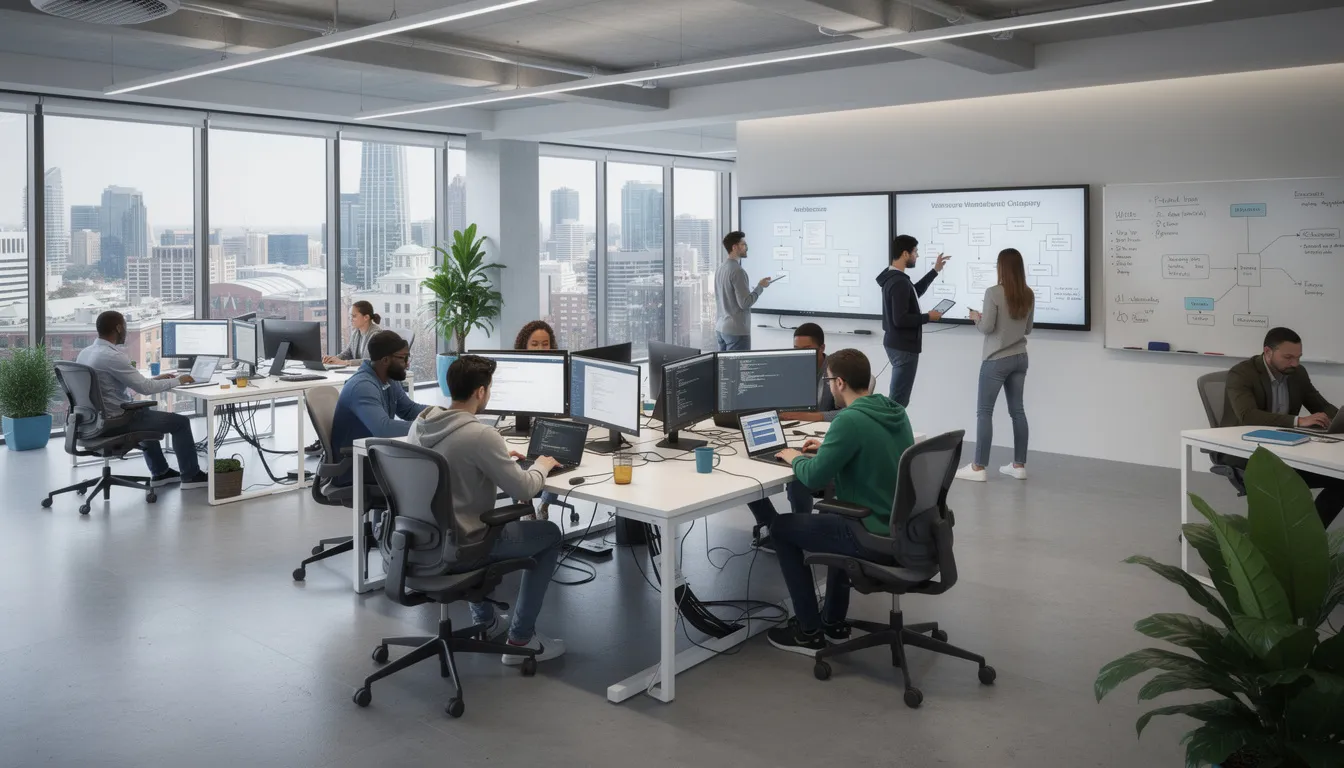 The image depicts a modern tech office space where software engineers are collaborating at their workstations, engaged in discussions and coding activities. This dynamic environment reflects the innovative culture of the tech sector, showcasing the teamwork and creativity essential for software development in leading companies.