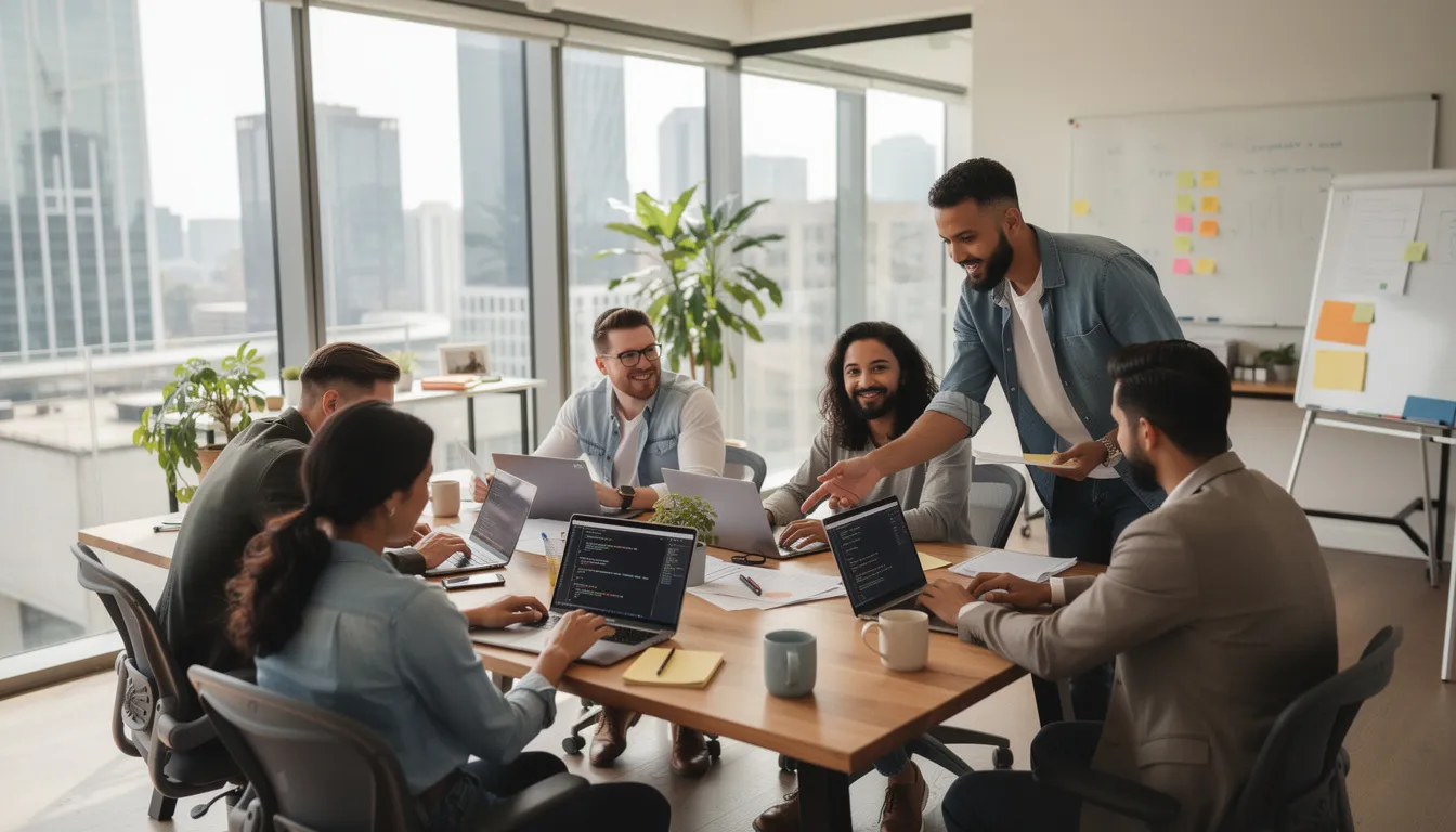 A diverse team of highly skilled technology professionals collaborates around laptops in a modern workspace, showcasing their technical expertise and teamwork. This scene reflects the dynamic environment of an IT staffing company in India, emphasizing the importance of tailored staffing solutions and efficient recruitment processes in the tech sector.