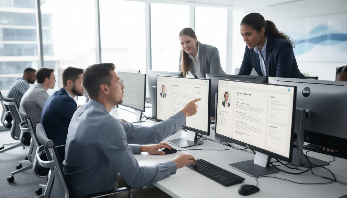 The image shows recruiters intently reviewing candidate profiles on multiple computer screens, emphasizing the recruitment process outsourcing services. This scene highlights the importance of skilled recruiters in efficiently managing talent acquisition and sourcing quality candidates for various companies in India.