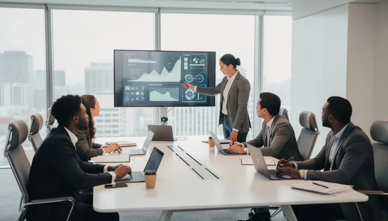 The image depicts a diverse group of professionals collaborating around a conference table, each engaged with their laptops as they discuss strategies related to the recruitment process outsourcing. This setting highlights teamwork and the efficient recruitment process essential for talent acquisition and sourcing quality candidates.